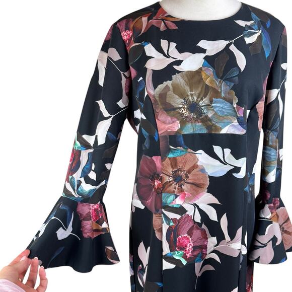 Trina Turk Panache 2 Faye Black Floral Flounce Bell Sleeve Cocktail Shift Dress - Picture 9 of 13